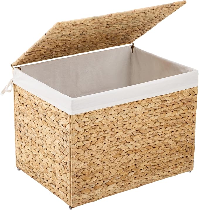 Water Hyacinth Storage Basket with Lid, 31.7 Gallon (120L) Wicker Shelf Basket with Removable Liner, Wicker Storage Basket for Blanket, for Livingroom, Bedroom, Natural by ZeeingHom