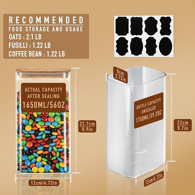 D2scrma 56oz Rectangle Airtight Glass Storage Containers with Bamboo Lids (Set of 3), Square Food Storage Jar, Pantry Organizers for Oats, Cereal, Pasta and Coffee beans (‎with Black Lable) - Image 2