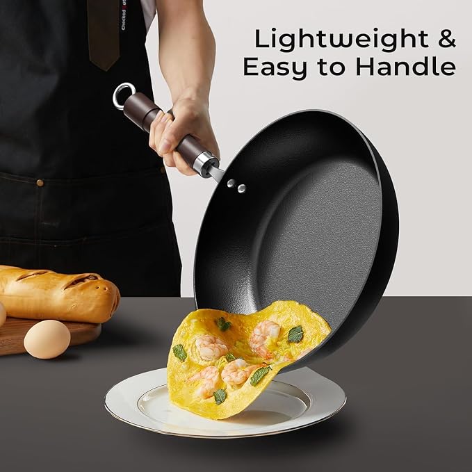 Carbon Steel Frying Pan, Pre-Seasoned 11-Inch Cooking Skillet Wooden Handle, PFAS & PFOA-Free, Nitrided Black Fry Pan for Kitchen, Camping, Chef Use - Image 7