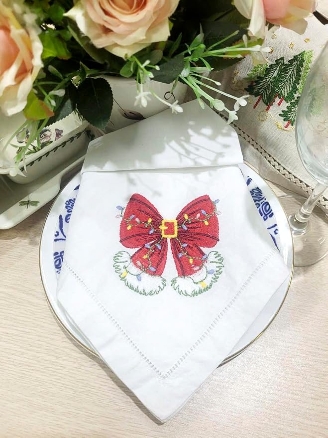 Embroidered Cloth Napkin Red Bow Christmas Cotton Napkins Set of 6, 20x20 Hemstitch Table Napkins, Machine Washable, Daily & Holidays, Great Gift Ideas - Image 7