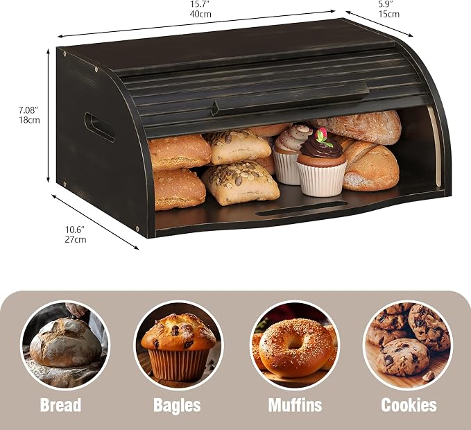 Trironsun Bamboo Roll Top Bread Box for Kitchen Countertop Large Capacity Bread Storage Bin Wooden Bread Storage Organizer Natural Breadbox for Food Storage (Antique Black) - Image 5