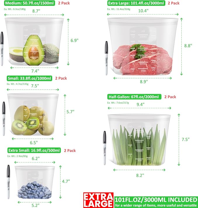 Premium Silicone Reusable Food Bags, Family Storage Set, 10 Pack, 100% Platinum Silicone Food Storage Bag Stand-Up Wide-Mouth Zip-Lock, Microwave Dishwasher Safe, 2XL/2L/2M/2S/2XS, Crystal-Clear - Image 3