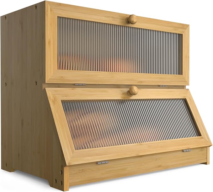 LOHASOK Bread Box for Kitchen Countertop, Wood Color | 2-layer, Bamboo, Large, Farmhouse Bread Container Holder Storage, Acrylic translucent window by Lohasok