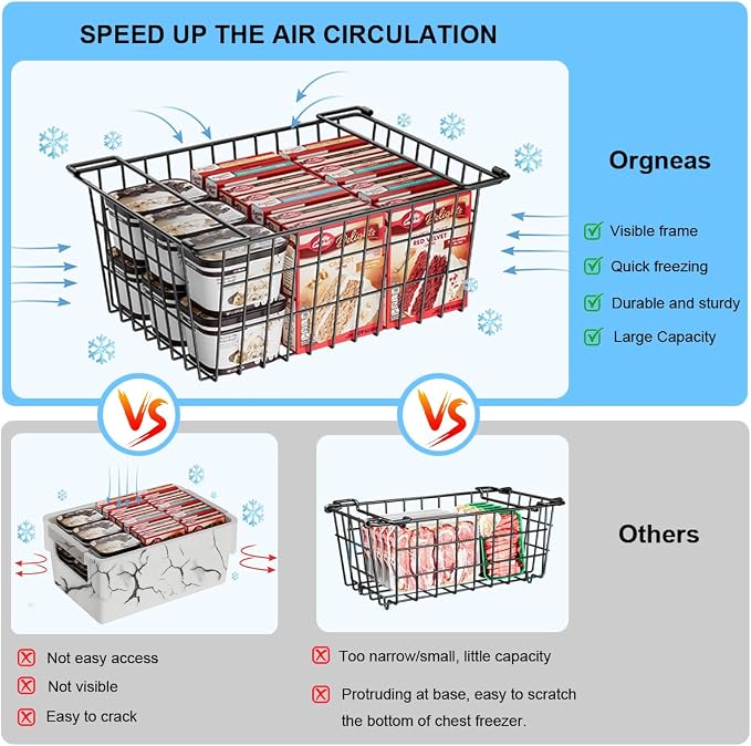Orgneas Freezer Organizer Bins Baskets for Chest Deep Freezer 4Pcs | Large Metal Wire Stacking Container Organizer and Storage Baskets for Freezer Sort Frozen and Meats - Image 3
