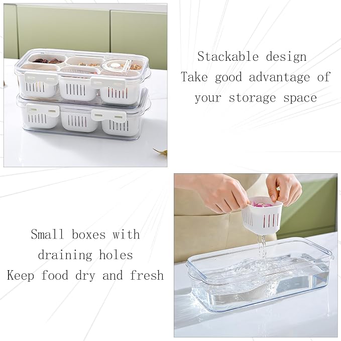 Divided Food Serving Tray with Lids Stackable Snackle Box for Candy Nuts Spice Fruit&Veggie Container with 6 Small Dividers Plastic Storage Bins for Fridge Pantry Freezer - Image 4
