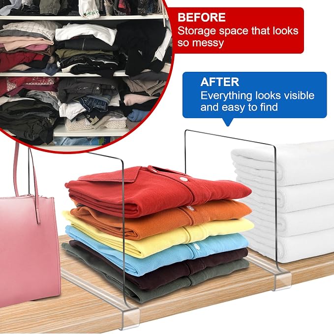 Acrylic Shelf Dividers for Closet Organization 6PCS Closet Shelf Divider Closet Dividers for Shelves Shelf Organizer for Closet Shelf Organizer For Wood Closet Separator Clear - Image 4