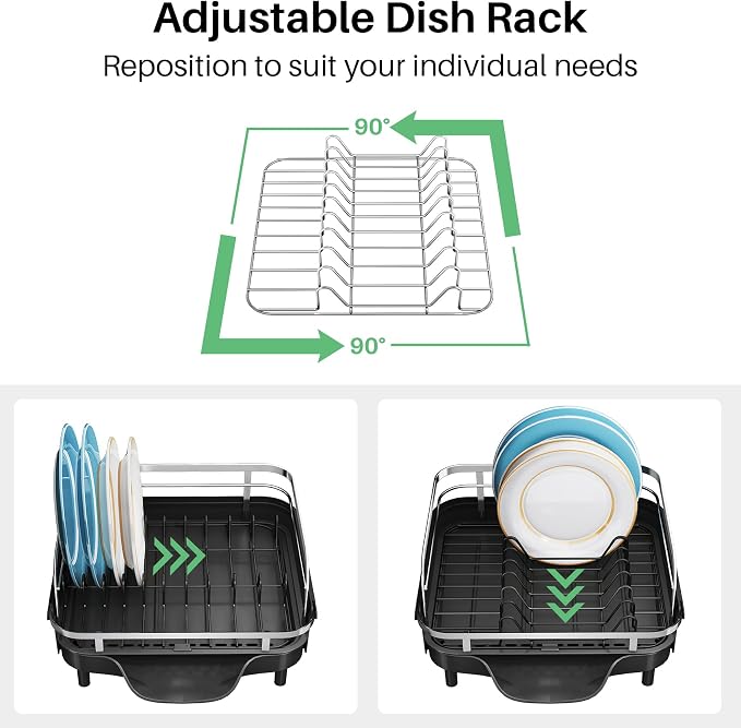 SNTD Expandable Dish Drying Rack for Kitchen Counter, 15.2-22.1 in, Black | Rust-Resistant Stainless Steel, Protective Side Rails, Self-Draining Drainboard, Removable Utensil Holder - Image 6