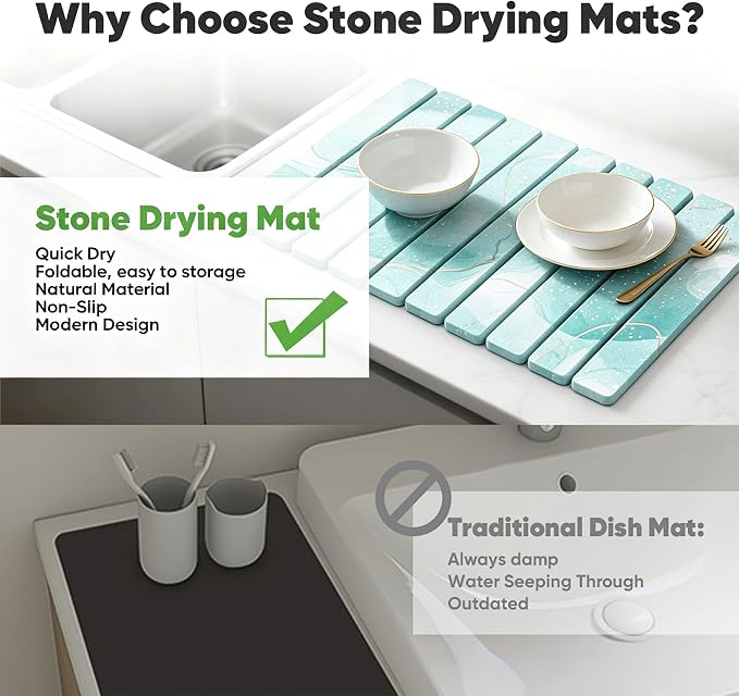 Stone Drying Mat for Kitchen Counter, Quick Diatomaceous Earth Mats for Dishes, 24"L x 16" W Super Absorbent Fast-Drying Collapsible Countertop Stone Mat (Marble White Green-01, 24" x 16") - Image 5