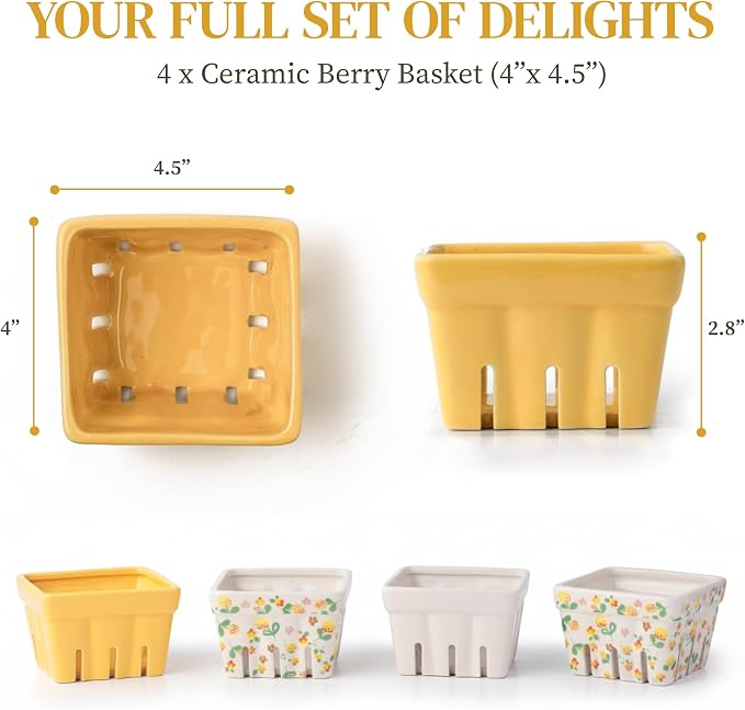 Ceramic Berry Basket Set of 4, Farmhouse Fruit Colanders | Yellow, white and floral designs, stoneware, dishwasher safe, drains and stores berries, farmhouse kitchen decor - Image 8