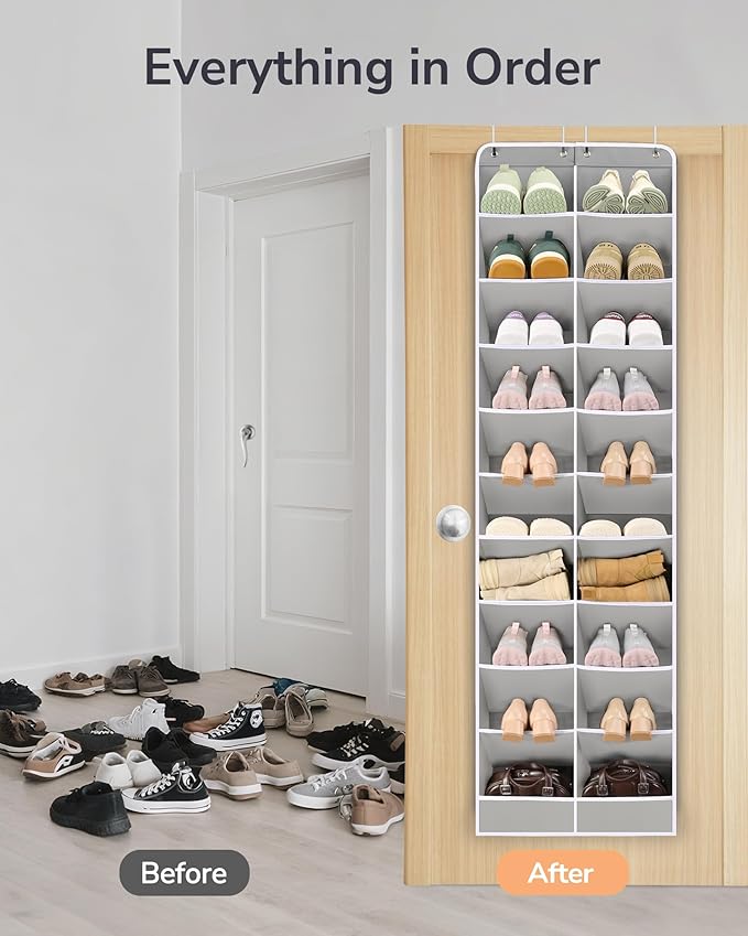 ULG Over The Door Shoe Organizer for Closet Fit 24-32 Pairs with Large Deep Pockets, Narrow Shoe Rack for Door Hanging Boots Storage, Black - Image 4