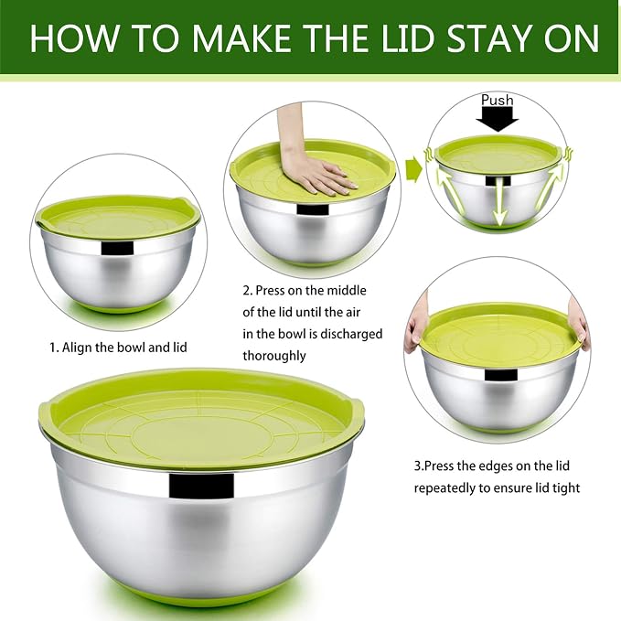 P&P CHEF Mixing Bowls with Lids Set of 5, Stainless Steel Nesting Salad Bowl with Lid & Base for Non-slip Mixing Prepping Storing Serving, 5 Sizes-7/3.5/2.5/1.5/1 QT, Multicolor - Image 5