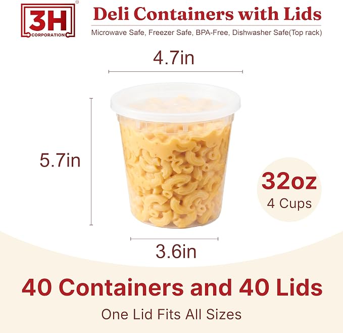 32oz Deli Containers with Lids (40 Sets/80 Pcs) Quart Plastic Containers with lids, BPA-Free Microwave Freezer Safe Bowl, Leakproof Food Prep Containers for Leftover Food Storage &To-Go - Image 2