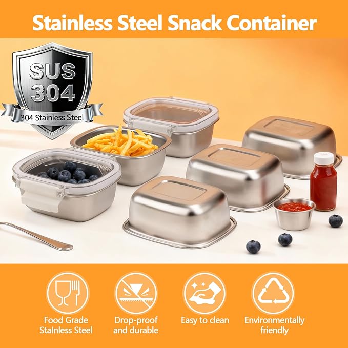 5 Pack Food-Grade 304 Stainless Steel Reusable Snack Containers with Lids - 8.45 oz Small Metal Meal Prep Boxes, Shatterproof Leakproof Freezer Safe for Portioning Snacks & Dips - Image 2