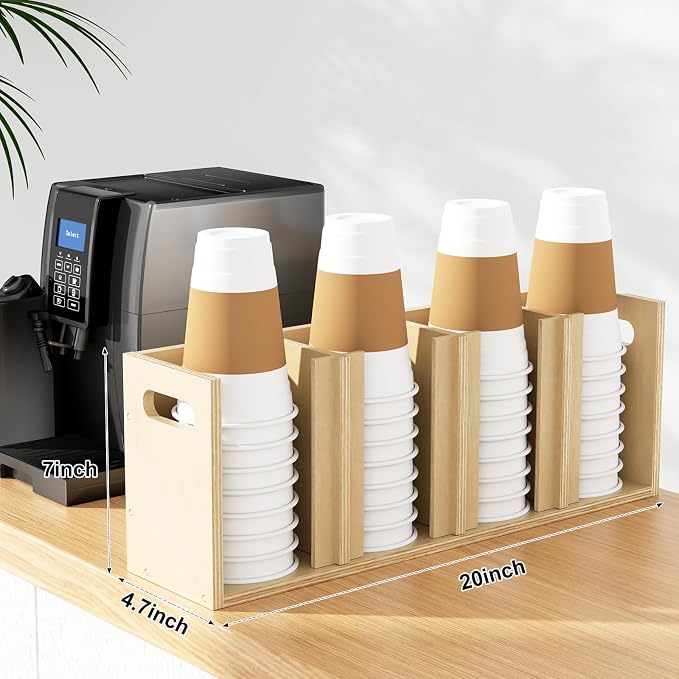 Wood Cup Lid Organizer 4 Compartments with Adjustable Dividers for Counter Wall Mount Disposable Cup and Lid Storage Kitchen Restaurants Fast Food Coffee Shop Supplies (20”W x 7”H x 4.7”D) - Image 2