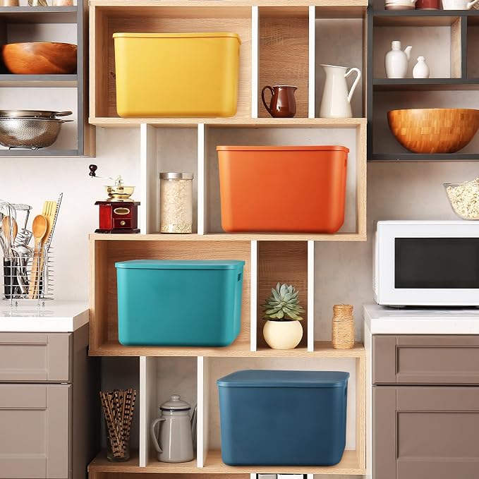 8 Pieces Colorful Storage Bins with Lid, Plastic Storage Basket Organizing Container Stackable Box with Handle for Shelves Desktop Playroom Office(14.2 x 10.2 x 9.5 Inch,Multi-colored) - Image 5