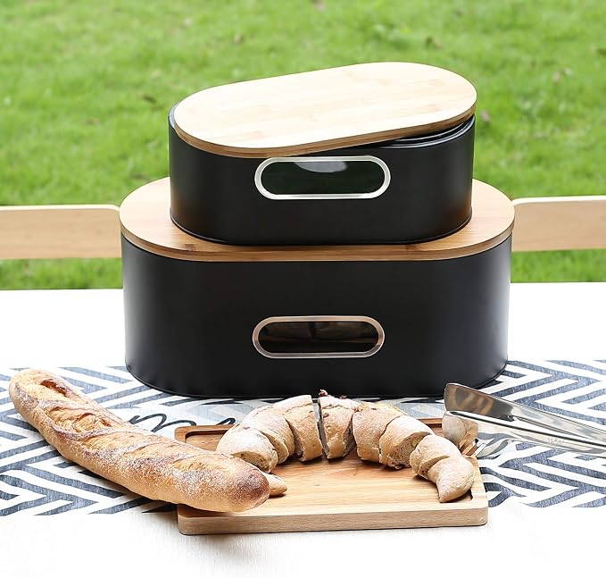 SOTECH Breadbox Bin with Bamboo Lid&Window Modern Metal Box Bread Storage Container for Kitchen Counter Vintage Kitchen Black bread box - Image 6