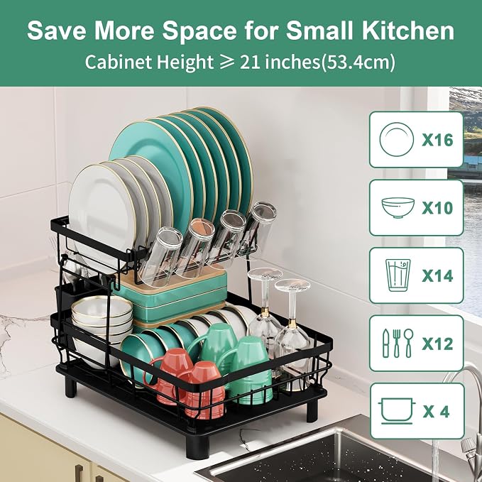 MOUKABAL 2 Tier Dish Drying Rack with Drainboard for Kitchen Counter, Black | 13×17 Large Capacity/Rustproof Stainless Steel/Fast Drainage Dish Drainer/Removable Utensil Holder/Kitchen Counter Organizer - Image 6