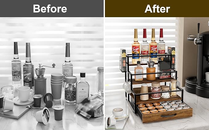 4 Tier Countertop Coffee Syrup Rack Organizer with 36 K Cup Storage | Wooden Sturdy and Space-Saving Coffee Bar Organizer with Drawer Condiment Storage Shelves for Kitchen Home Office Restaurant - Image 4