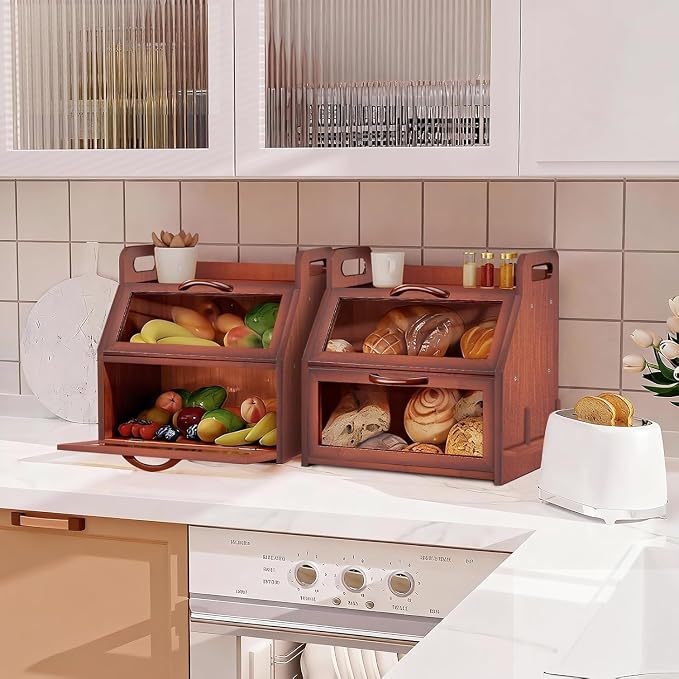 BAMBANG Bread Box for Kitchen Countertop, Extra Large Double Layer Bamboo Breadbox with Clear Window, Farmhouse Wooden Bread Storage Container for Homemade Bread, Knife & Cutting Board Holder, Brown - Image 5