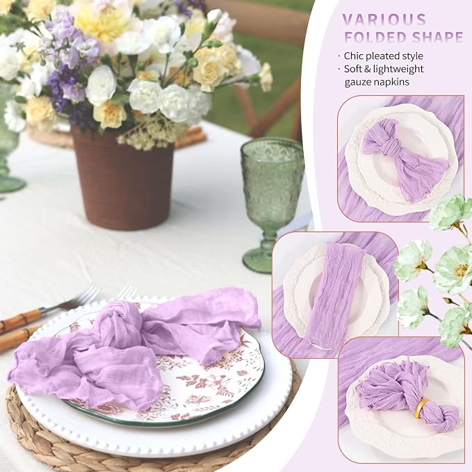 100 Pack Lilac Purple Cheesecloth Napkins 20"x20" Boho Washable Cloth Napkins Set of 100 Wrinkled Cheese Cloth Napkins Gauze Dinner Table Napkin for Wedding Party Baby Shower Birthday Decor - Image 6