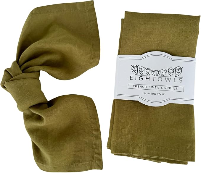 Linen Napkins –100% French Flax – Stonewashed Pure Linen Cloth Napkins - Size 18 Inch x 18 Inch – Set of 4 (Olive Green) by EightOwls