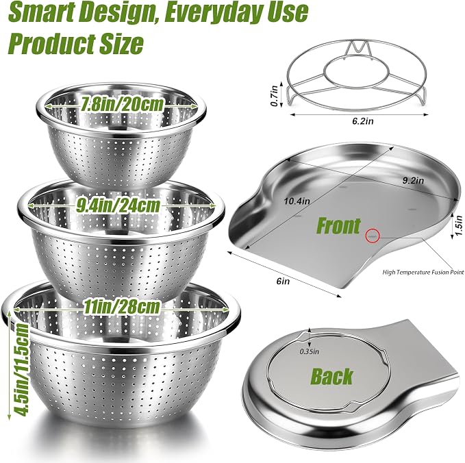 Palksky Stainless Steel Colander Set with Self-Draining Base, 3 Sizes Colanders & Food Strainers for Pasta, Rice, Fruits & Veggies, Metal Colander with Draining Plate for Sink or Countertop - Image 6