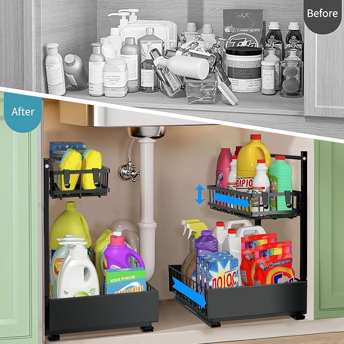 sagetta Black Under Sink Organizers with Sliding Rails Two Pack Under Kitchen Sink Organizers and Storage Pull out Kitchen Cabinet Organizer Height Adjustable Cabinet Storage Shelves Two Tiers - Image 2