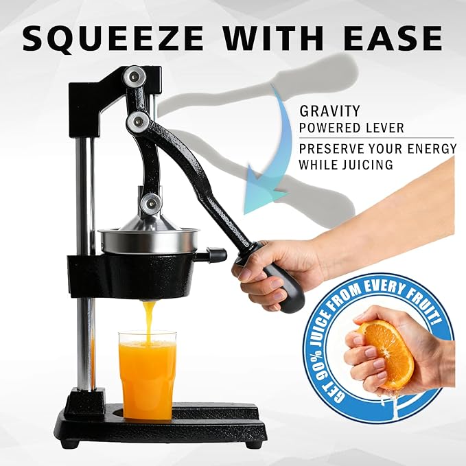 Juicer Manual Cast Iron Citrus Juicer, Heavy-Duty Orange Lemon Squeezer, Extra-Large Commercial Citrus Press, Easy to Clean with Bonus Stainless Steel Cup (Black) - Image 3