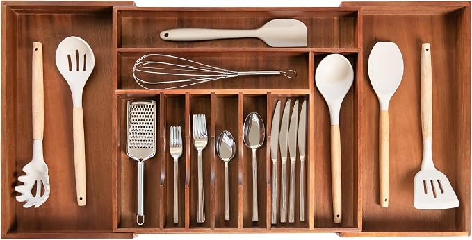 Silverware & Utensil Drawer Organizer, 18-33 in, Acacia | Cutlery, flatware, food-safe contract grade, kitchen drawer fit by KitchenEdge
