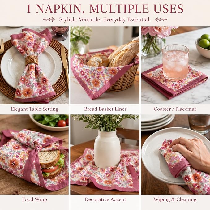 Cotton Cloth Napkins Reusable Floral Napkin Printed Dinner Napkin Set Cloth Daily Use Machine Washable Dish Cloth Gift for Valentine Home Decor Set of 4, Multicolor Print, 18x18 Inches - Image 3
