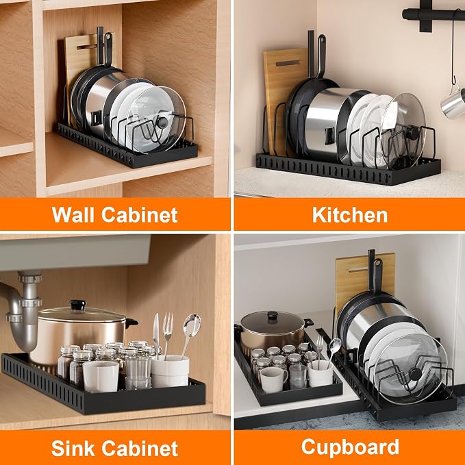 FLSEPAMB Expandable Pots and Pans Organizer Sliding Pull in Kitchen Cabinet | 1 Pack Cabinet Pull Out Shelves, for Pots, Lids and Pan Organizer with Two Types of Shelves - Image 4