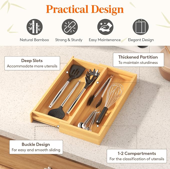 Lifewit Utensil Organizer for Kitchen Drawer, Expandable Cooking Utensil Tray, Cutlery Silverware Flatware Holder, Wood Adjustable Spatula Tools Storage Divider, 7-12 x 15.75", Natural - Image 7