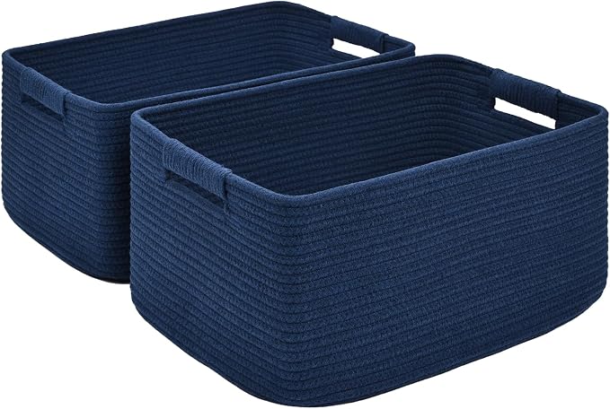 2 Pack Large Storage Basket for Organizing, 17.5"x13"x7" Woven Basket for Shelves, Closet Cube Storage Bins with Wrapped Handle, Cotton Rope Baskets for Kitchen, Clothes, Toys(Navy Blue) by Degeyoyo