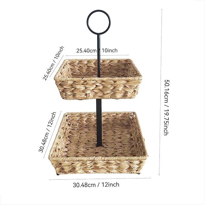 2 Tier Wire Fruit Basket with Rattan | Square Metal Standing Baskets| Handwoven Fruit and Vegetable Storage Organizer |Stackable Candy Organizer|Multi-Function Snack Rack&Shelf for Chips - Image 3
