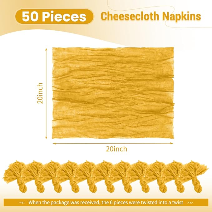 50 Pack Gold Cloth Napkins 20x20Inch Cheesecloth Napkins | Elegant Cloth Napkins for Table, Washable Rustic Boho Gauze Napkins, for Wedding Party Bridal Baby Shower Dinner Decor - Image 2