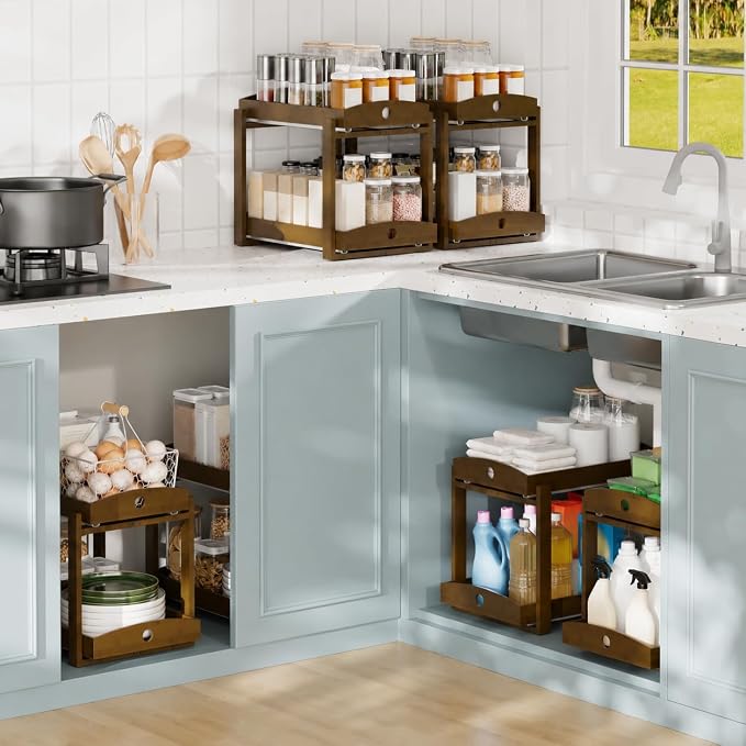 Bamboo Under Sink Organizer 2 Tier Pull Out Cabinet Storage Drawer - Image 5