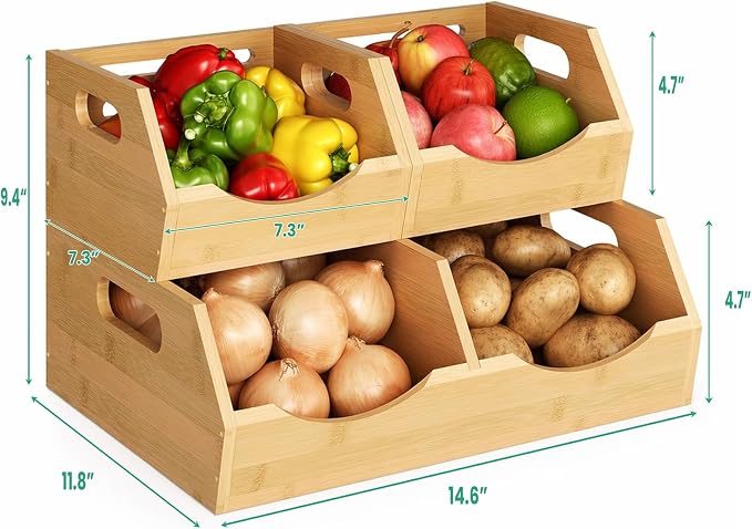 Potato and Onion Storage Bin, 2 Tier Bamboo Kitchen Storage Rack, Stackable Ventilated Pantry Organizer with Handles for Garlic Peppers Vegetables, Countertop Produce Bins, Natural Brown - Image 7