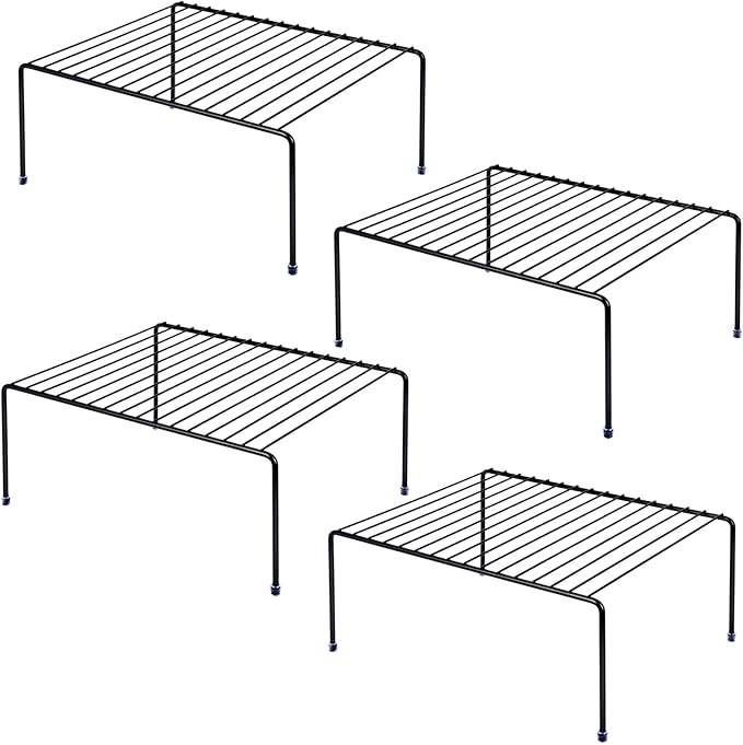Kitchen Cabinet Storage Shelf Rack/Plastic Feet - (13.1 x 10.2 Inch) - Steel Metal - Rust Resistant Finish - Cups, Dishes, Cabinet & Pantry Organization (4, Black) by Unknown