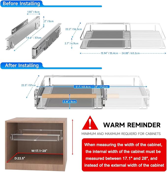Pull Out Shelves for Kitchen Cabinet, 17.1~28" W x 22.5" D, 2PACK | Expandable Slide Out Drawers for Kitchen Organizers and Storage, Adjustable Width Heavy Duty Stainless Steel Pull Out Shelves - Image 2