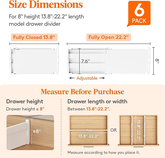 Lifewit 8" Tall Drawer Dividers, Adjustable Deep Drawer Organizer Clothes | 6 Pack 13.8"-22.2" Expandable White Plastic Separators for Dresser, Kitchen, Cabinet, Closet, Office Organization & Storage - Image 2
