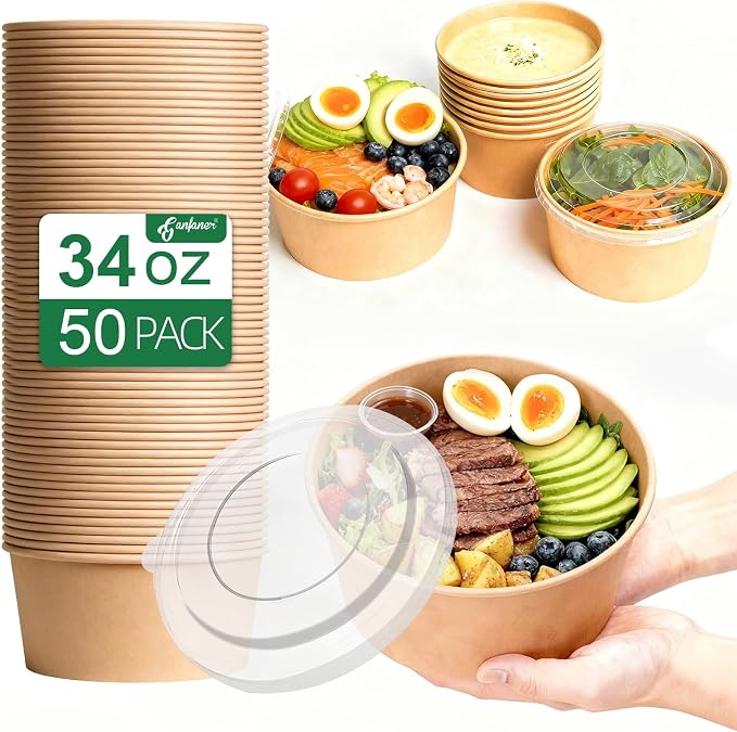 34oz Disposable Round Paper Bowls with Lid, 50 Sets Deli Container Box Spillproof Microwave & Freezer Safe, To Go Meal Prep Container for Lunch Work Meal, Sturdy for Picnic Camp Family by GanfanerEcoPackHomeKitchen