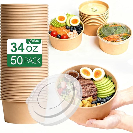 34oz Disposable Round Paper Bowls with Lid, 50 Sets Deli Container Box Spillproof Microwave & Freezer Safe, To Go Meal Prep Container for Lunch Work Meal, Sturdy for Picnic Camp Family by GanfanerEcoPackHomeKitchen