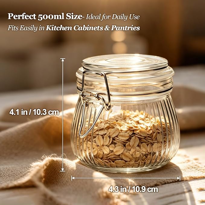 ComSaf Small Ribbed Glass Jars with Airtight Lids 17 oz 6 Pack Wide Mouth | Flour sugar coffee beans, Fermenting pickling, Farmhouse pantry decor, Jam jelly honey, Nuts snacks spices, Kitchen storage - Image 3