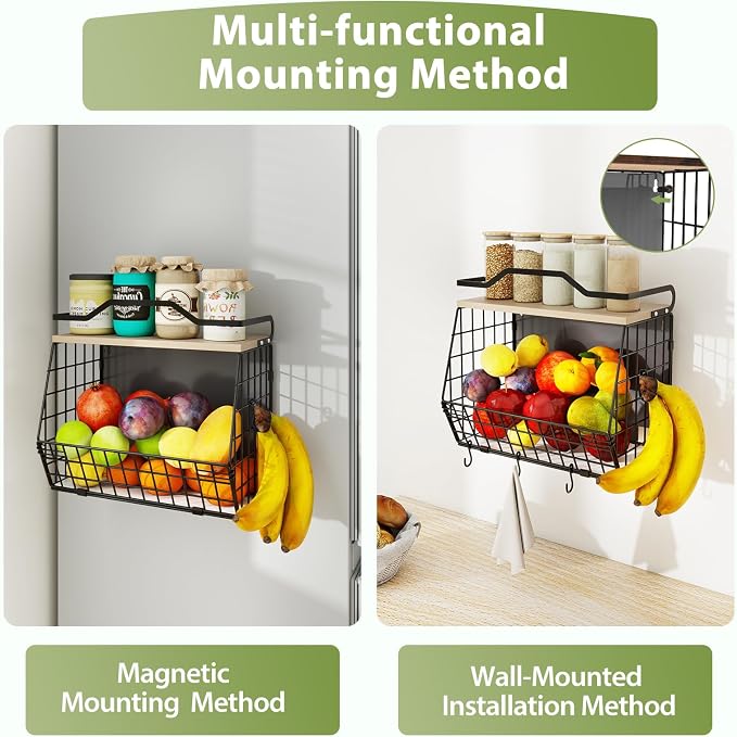 Wawocs Magnetic Shelf for Fridge with Wood Lid, 2 Tier Fruit Baskets Wall Mounted Hanging Basket with 4 Hanger Hooks, Potato and Onion Magnetic Storage Bins for Kitchen Counter, Refrigerator, Cabinet - Image 6