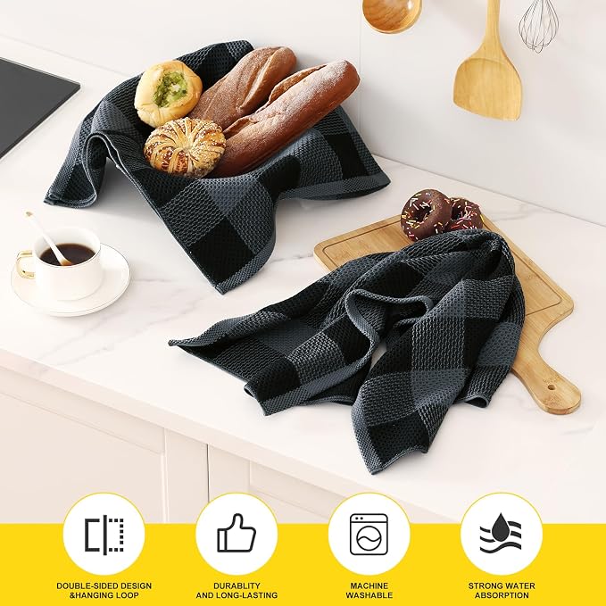 Homaxy Kitchen Towels and Dishcloths Set, Set of 8, Black & Grey | Bulk Cotton Waffle Weave Check Plaid Kitchen Towels, Super Soft and Absorbent Dish Cloths, 12 x 12 and 20 x 28 Inches - Image 6