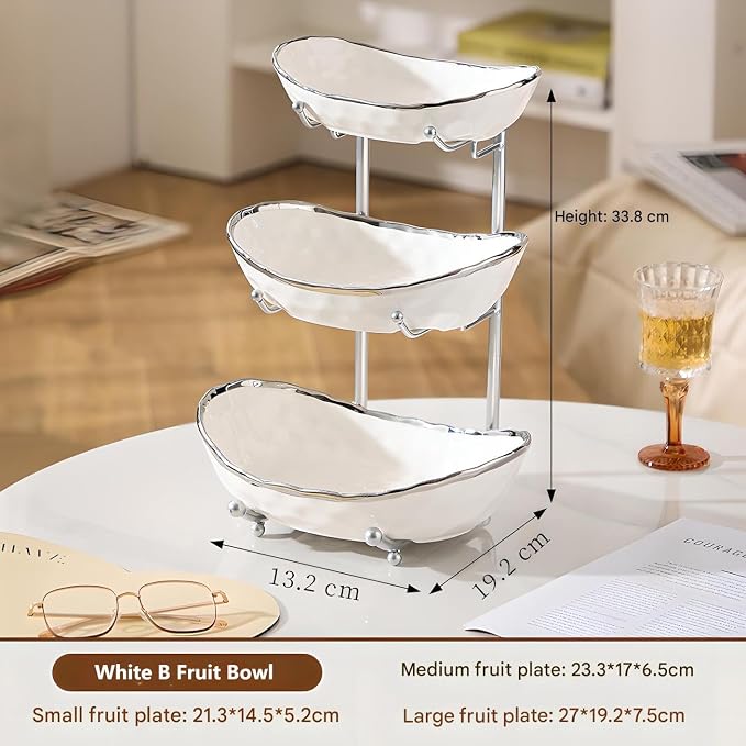 XUDREZ 3 Tier Fruit Bowl with Metal Stand for Kitchen Counter, Ceramic White Gold Silver, Tiered Fruit Basket for Nuts, Snacks, Bread, Candy Storage (White B) - Image 2