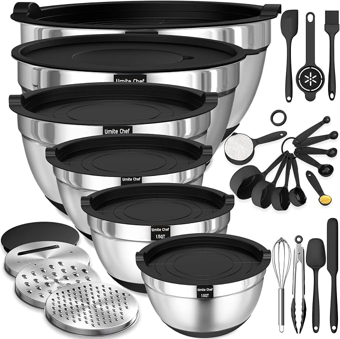 Thickened Heavy-Duty 26pcs Stainless Steel Bowl, Mixing Bowl Set with Lid, Grater Attachment, Non-Slip Bottom and Kitchen Gadget Set, Sizes 7, 4, 2.5, 2.0, 1.5, 1QT, Ideal for Mixing and Serving by UmiteChef
