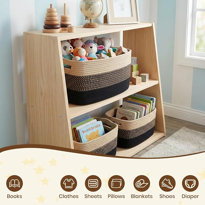 Storage Baskets for Organizing, 14 x 10 x 9” Closet Shelf Woven Baskets, Square Bins with Handles, Cotton Rope Basket for Clothes, Office, Room, Black+Brown 1Pack - Image 7