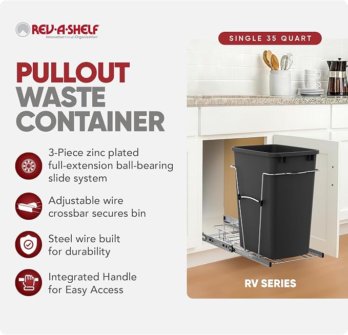 Rev-A-Shelf Pullout Trash Can for Kitchen Cabinets, Black Waste Bin, 35 Qt | Large Capacity Garbage/ Recycling Waste Container, Heavy Gauge Metal Wire Construction w/Full Extension Slides, RV-12KD-18C S - Image 2