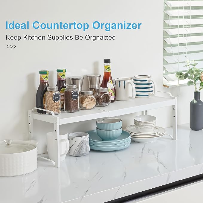 4 Pack Kitchen Cabinet Shelves Organizers, Kitchen Counter Storage Shelf Spice Rack, Expandable Length, Adjustable Height, Stackable, Sturdy 30LBS Bearing, Small Cupboard Tabletop Organizer Shelf Rack - Image 4